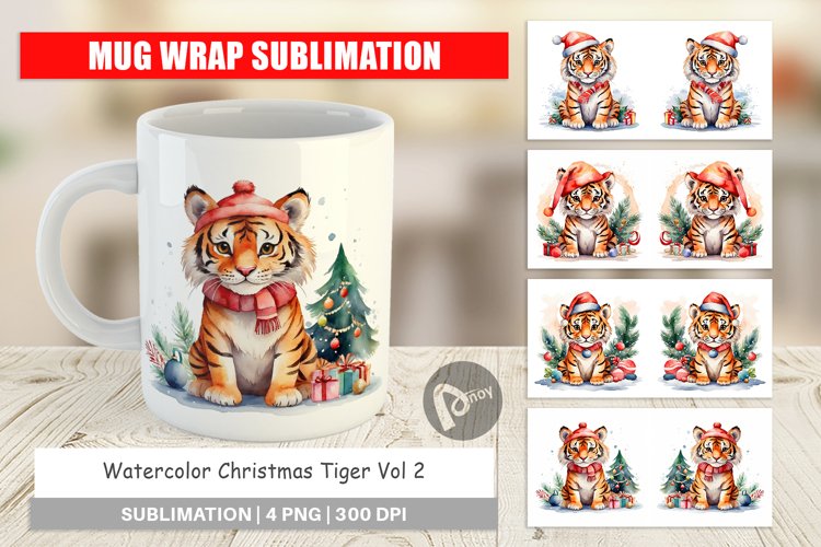Mug Wrap Design Watercolor Christmas Tiger