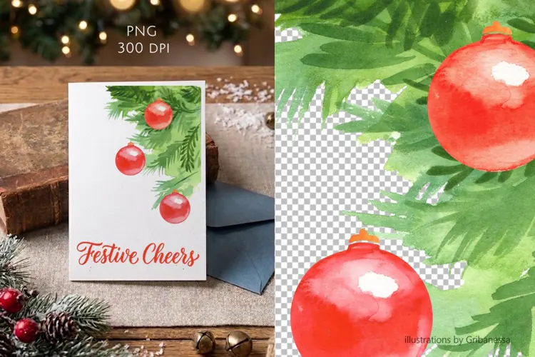 Watercolor Christmas Tree Branches Corner Clipart