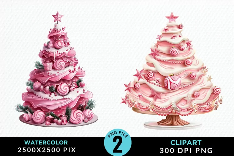 Watercolor Christmas Tree Cake Design Clipart