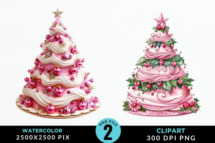 Watercolor Christmas Tree Cake Design Clipart