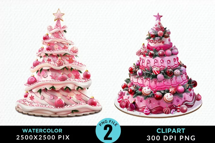 Watercolor Christmas Tree Cake Design Clipart