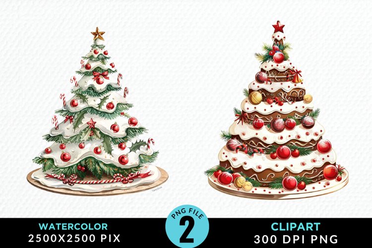 Watercolor Christmas Tree Cake Design Clipart