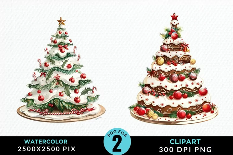 Watercolor Christmas Tree Cake Design Clipart