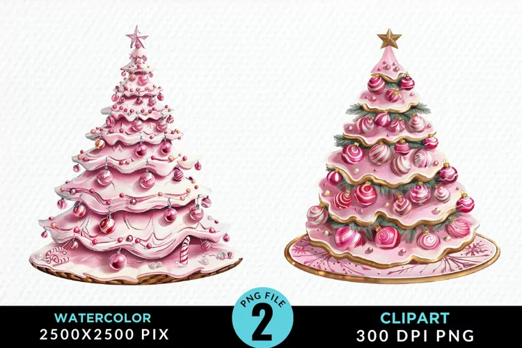 Watercolor Christmas Tree Cake Design Clipart