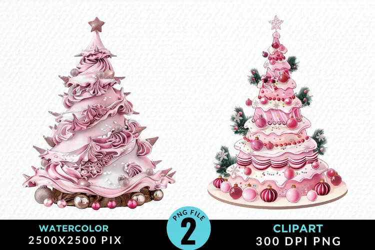 Watercolor Christmas Tree Cake Design Clipart