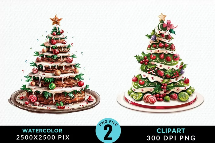 Watercolor Christmas Tree Cake Graphics Clipart