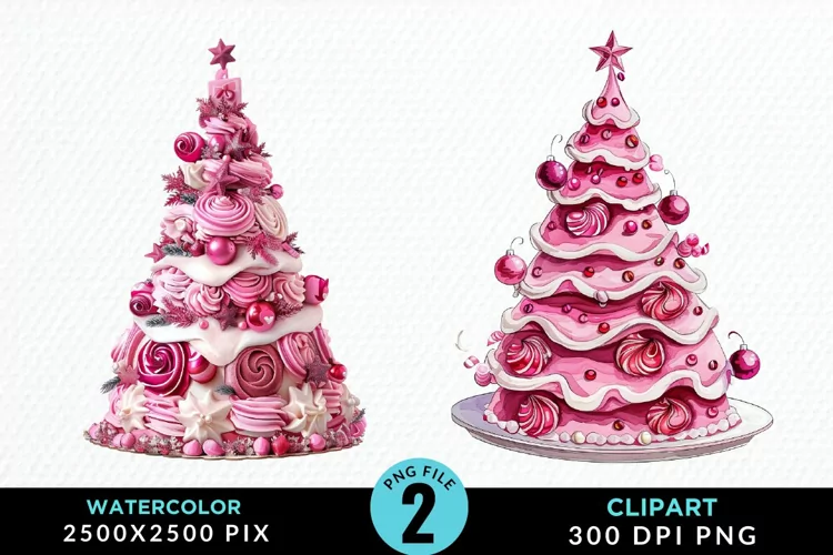 Watercolor Christmas Tree Cake Design Clipart