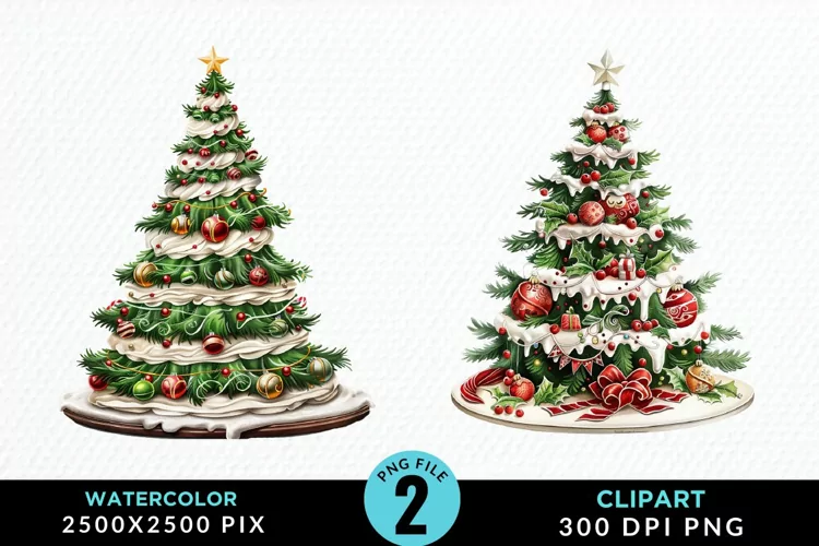 Watercolor Christmas Tree Cake Design Clipart