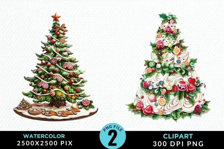 Watercolor Christmas Tree Cake Design Clipart