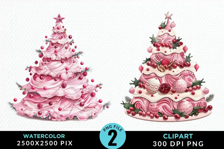 Watercolor Christmas Tree Cake Design Clipart