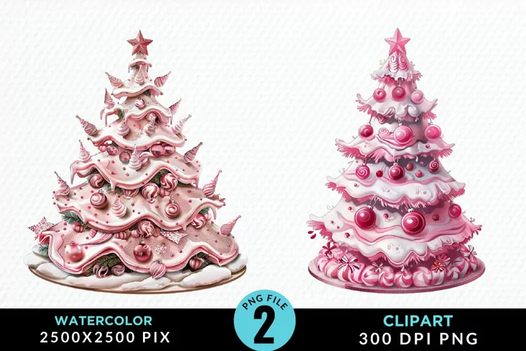 Watercolor Christmas Tree Cake Design Clipart