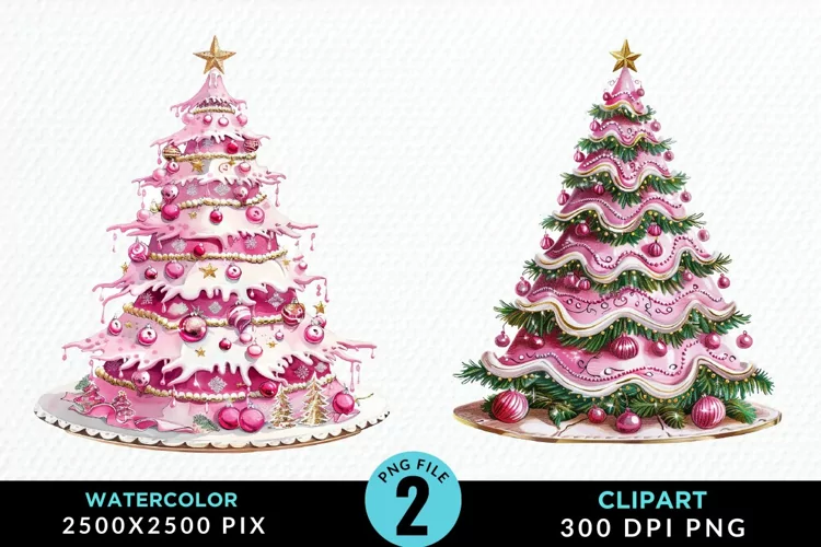 Watercolor Christmas Tree Cake Design Clipart