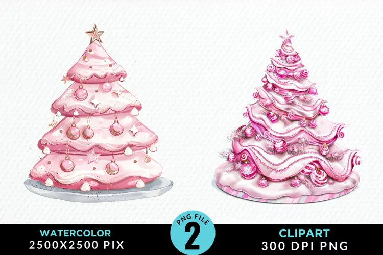 Watercolor Christmas Tree Cake Design Clipart