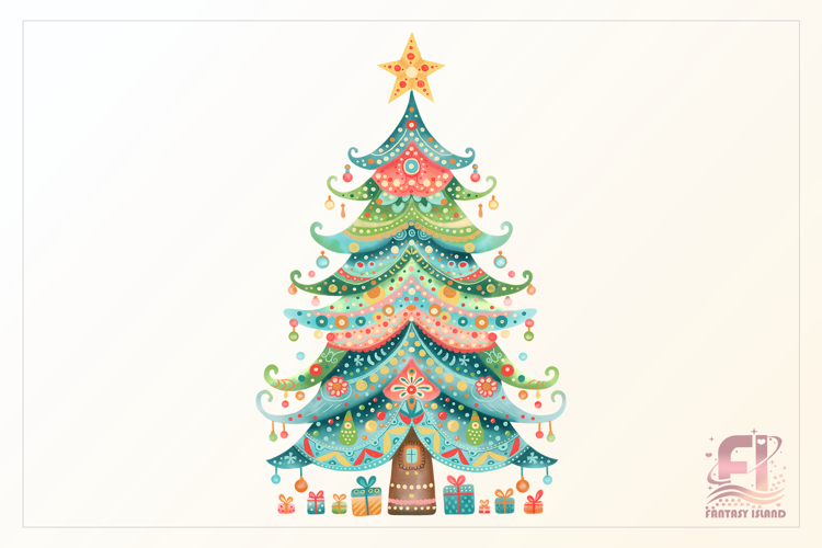Boho Christmas Tree | Watercolor Clipart PNG | Sublimation