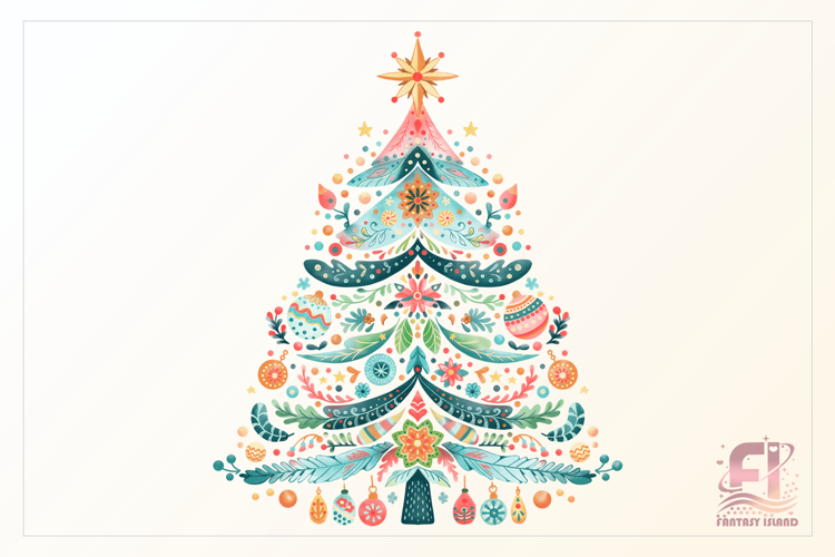 Boho Christmas Tree | Watercolor Clipart PNG | Sublimation