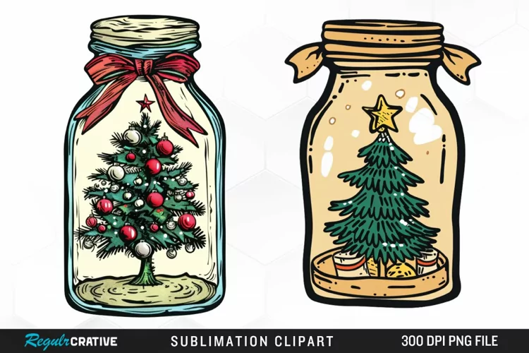 Watercolor Christmas Tree In A Jar Graphic Clipart