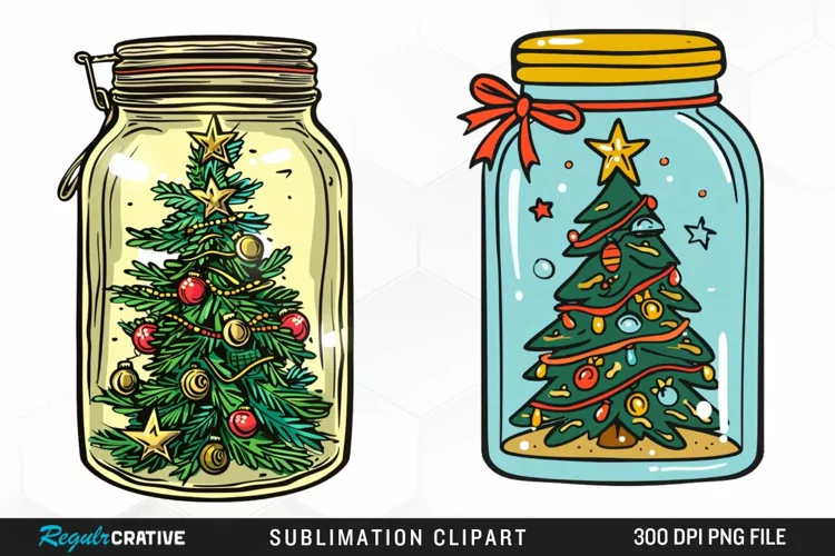 Watercolor Christmas Tree In A Jar Graphic Clipart