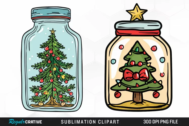 Watercolor Christmas Tree In A Jar Graphic Clipart