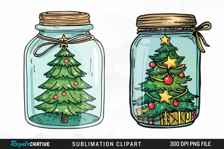 Watercolor Christmas Tree In A Jar Graphic Clipart