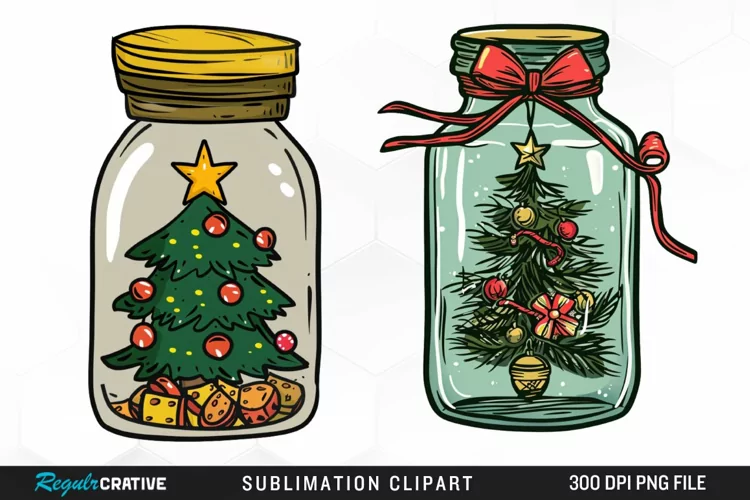 Watercolor Christmas Tree In A Jar Graphic Clipart