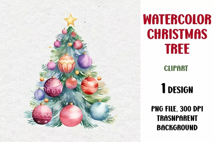 Watercolor Christmas Tree, Clipart, PNG