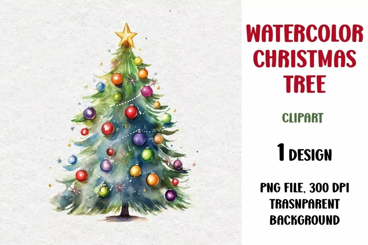 Watercolor Christmas Tree, Clipart, PNG