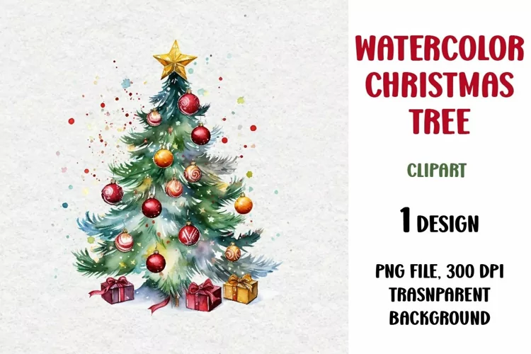 Watercolor Christmas Tree, Clipart, PNG