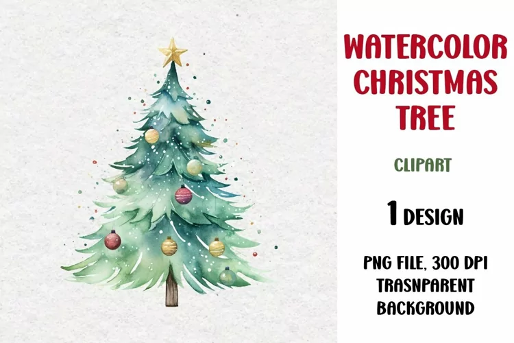 Watercolor Christmas Tree, Clipart, PNG