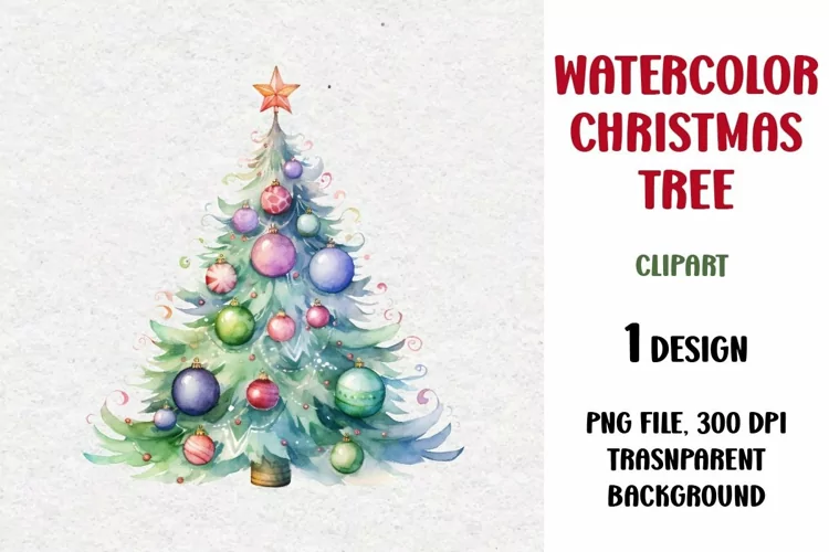 Watercolor Christmas Tree, Clipart, PNG