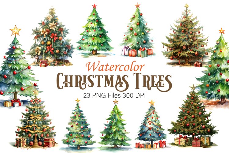 Watercolor Christmas Trees. Clipart Bundle. example image 1