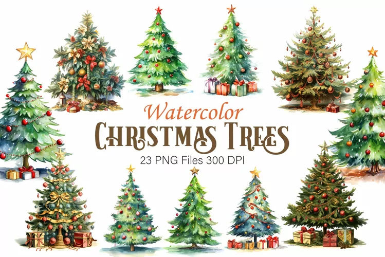 Watercolor Christmas Trees. Clipart.