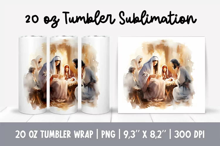 Watercolor Christmas Tumbler Sublimation Design Jesus Birth