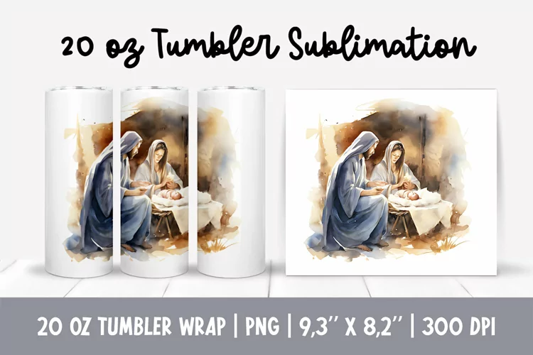 Watercolor Christmas Tumbler Sublimation Design Jesus Birth