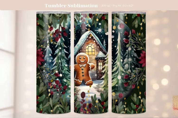 Watercolor Christmas Tumbler Wrap | Gingerbread Tumbler Png
