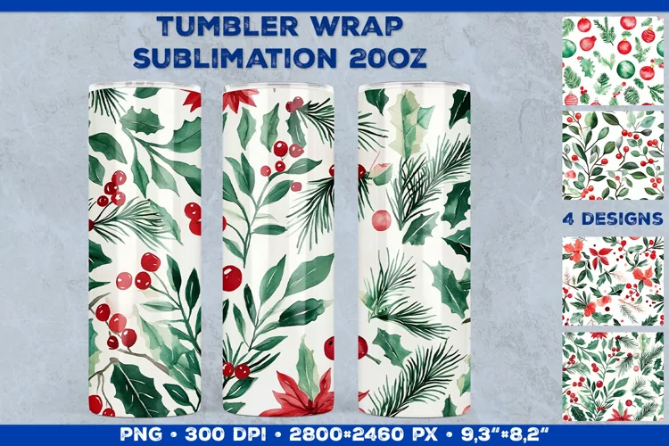 Festive Watercolor Christmas Tumbler Wrap Sublimation Design