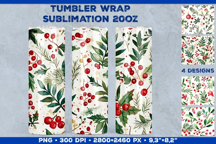Festive Watercolor Christmas Tumbler Wrap Sublimation Design