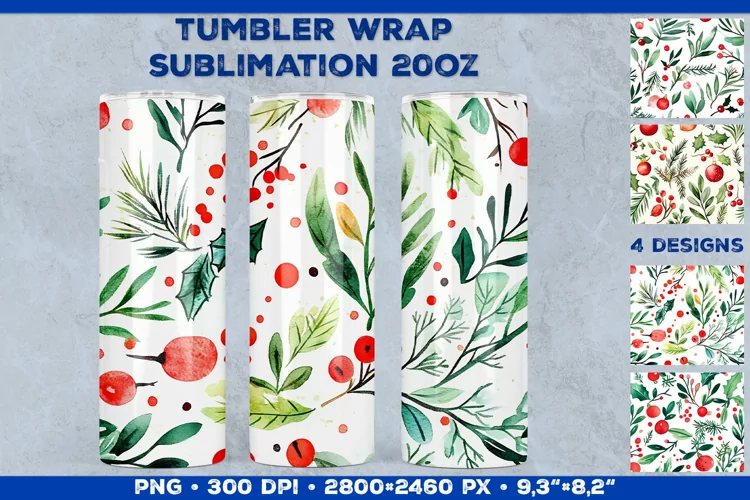 Festive Watercolor Christmas Tumbler Wrap Sublimation Design