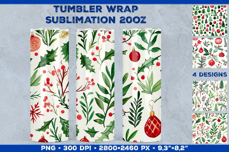 Festive Watercolor Christmas Tumbler Wrap Sublimation Design