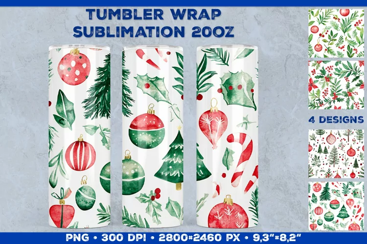 Festive Watercolor Christmas Tumbler Wrap Sublimation Design