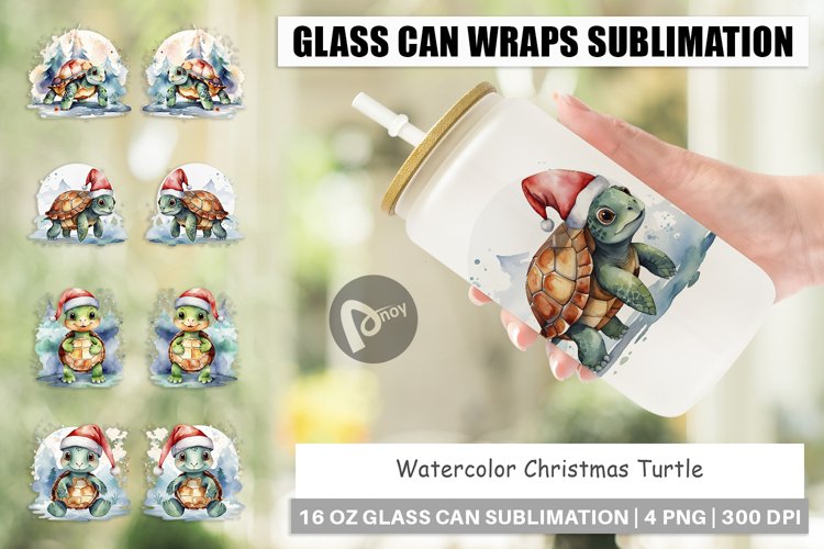 Glass Can Wraps Watercolor Christmas Turtle