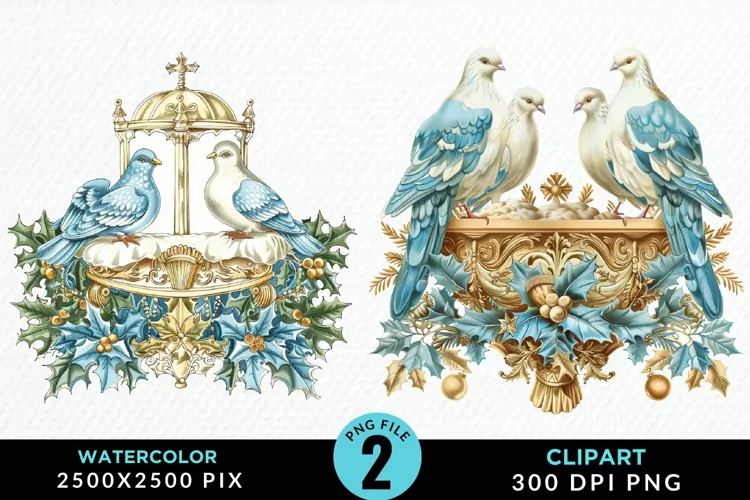 Watercolor Christmas Turtle Dove Graphic Clipart