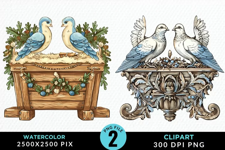 Watercolor Christmas Turtle Dove Graphic Clipart