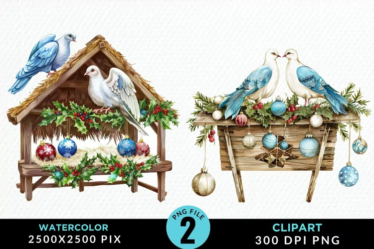 Watercolor Christmas Turtle Dove Graphic Clipart