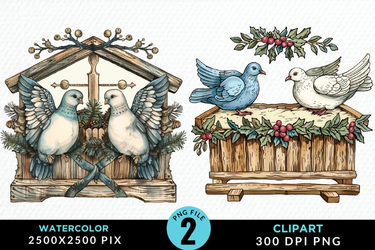 Watercolor Christmas Turtle Dove PNG Set Clipart example image 1