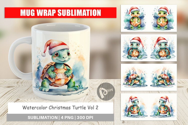 Mug Wrap Design Watercolor Christmas Turtle