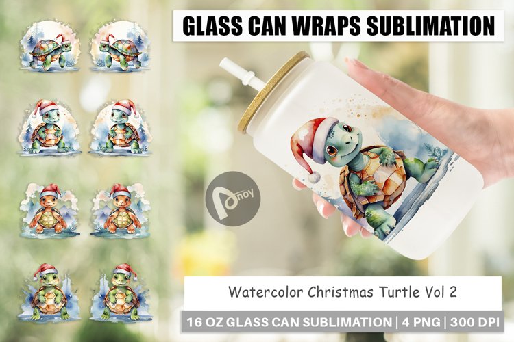 Glass Can Wraps Watercolor Christmas Turtle
