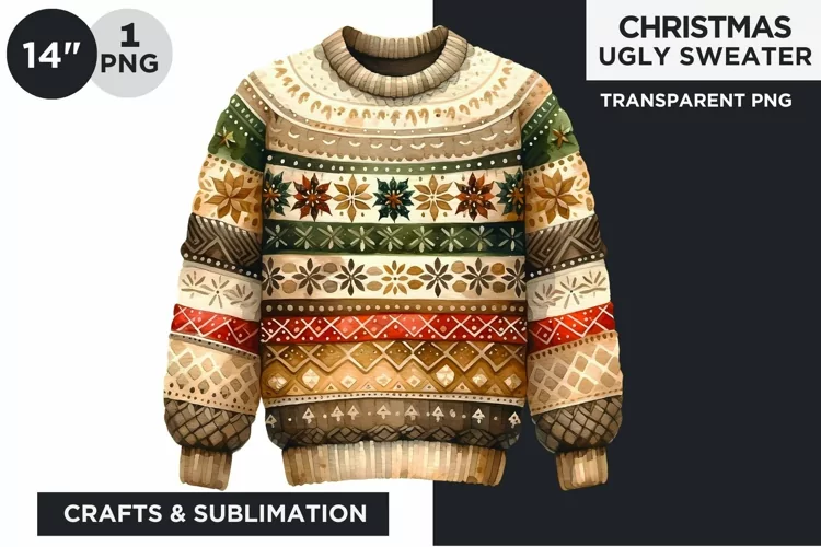 Watercolor Christmas Ugly Sweater Clipart PNG