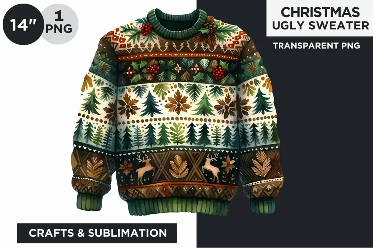 Watercolor Christmas Ugly Sweater Clipart PNG