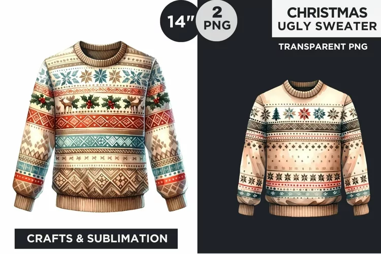 Watercolor Christmas Ugly Sweater Clipart PNG