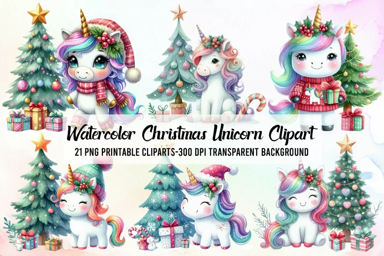 Watercolor Christmas Unicorn Clipart